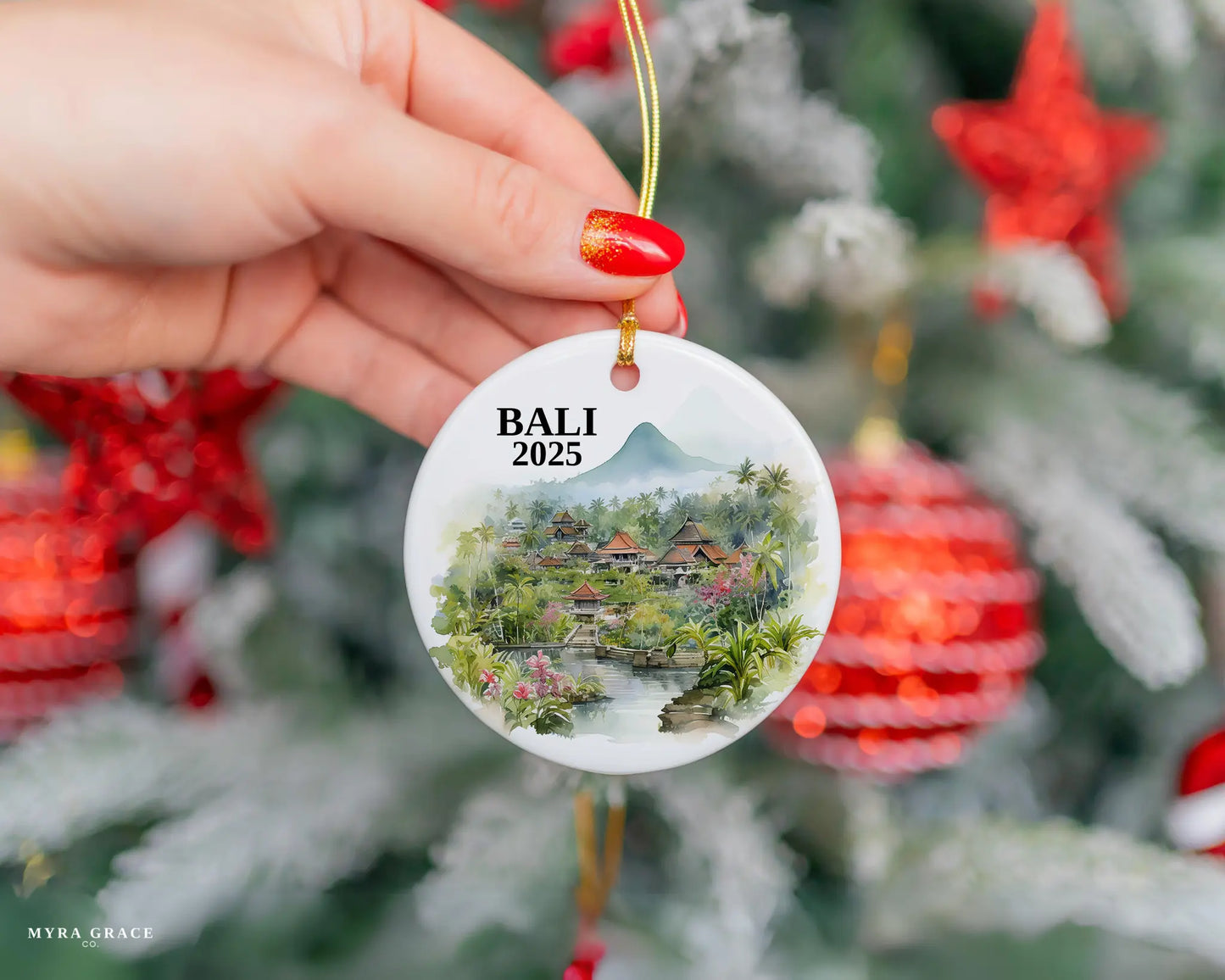 Custom Bali ceramic photo ornament with personalized message – handmade Christmas bauble, gift souvenir, or vacation keepsake.
