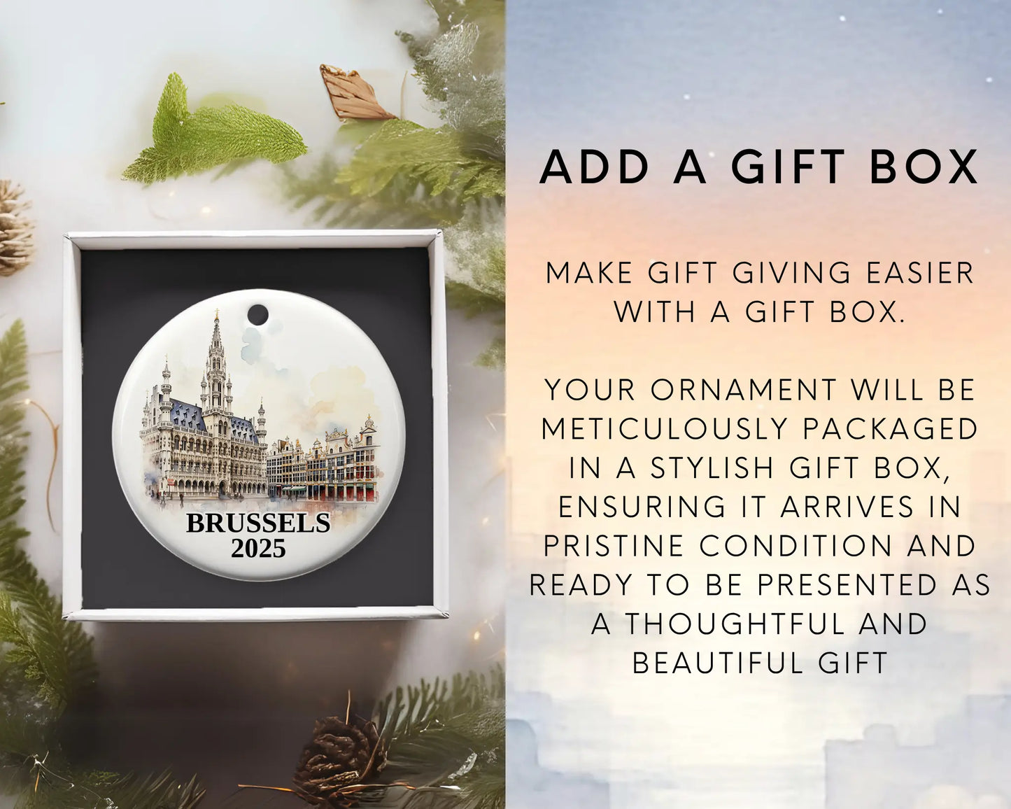 Custom Brussels Belgium ceramic photo ornament with personalized message – handmade Christmas bauble, gift souvenir, or vacation keepsake. Add gift box