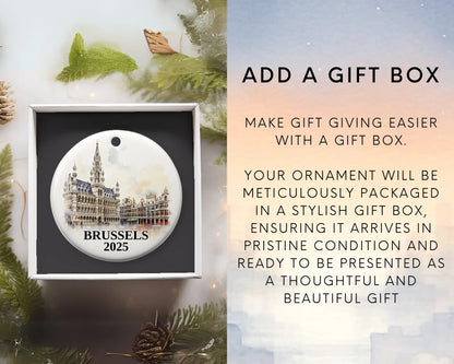 Custom Brussels Belgium ceramic photo ornament with personalized message – handmade Christmas bauble, gift souvenir, or vacation keepsake. Add gift box