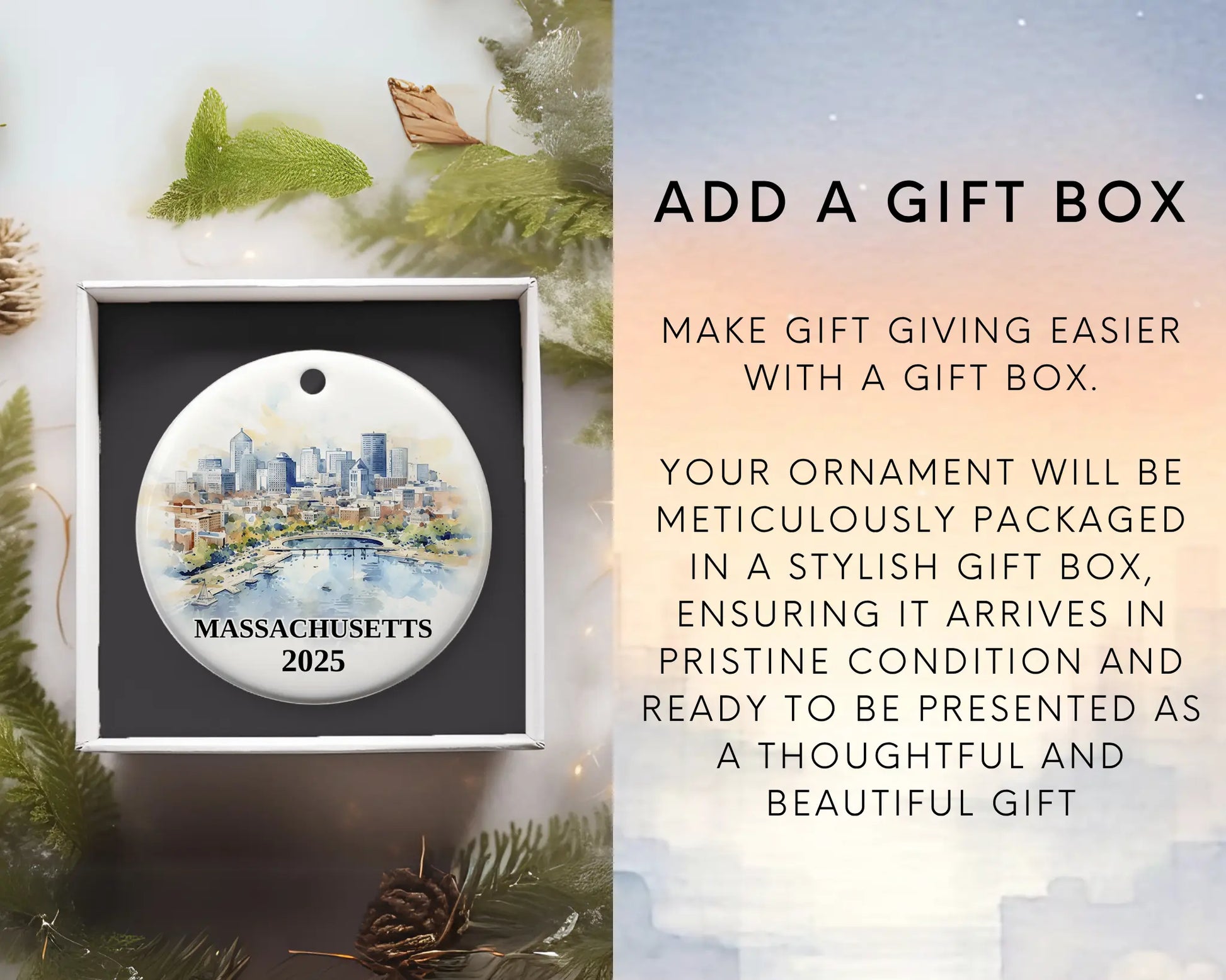 Massachusetts Ornament Custom Gift Souvenir Bauble. Custom Massachusetts ceramic photo ornament with personalized message – handmade Christmas bauble, gift souvenir, or vacation keepsake.  Add gift box