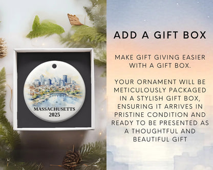 Massachusetts Ornament Custom Gift Souvenir Bauble. Custom Massachusetts ceramic photo ornament with personalized message – handmade Christmas bauble, gift souvenir, or vacation keepsake.  Add gift box