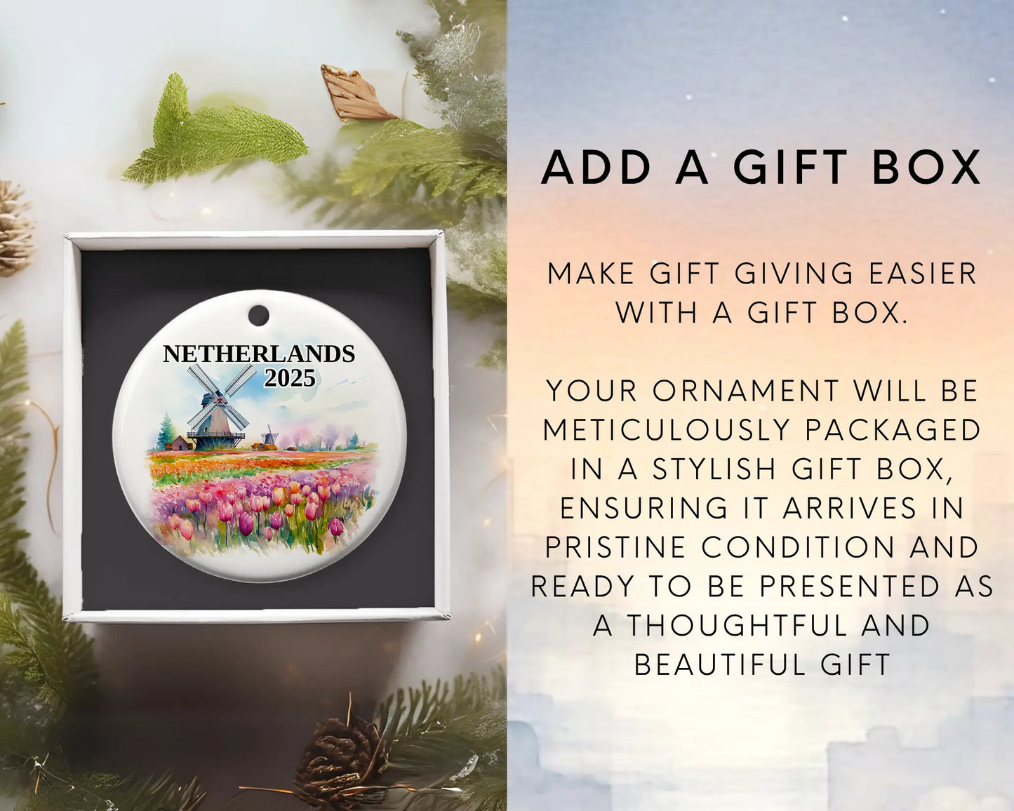 Custom Netherlands ceramic photo ornament with personalized message – handmade Christmas bauble, gift souvenir, or vacation keepsake.  Add gift box