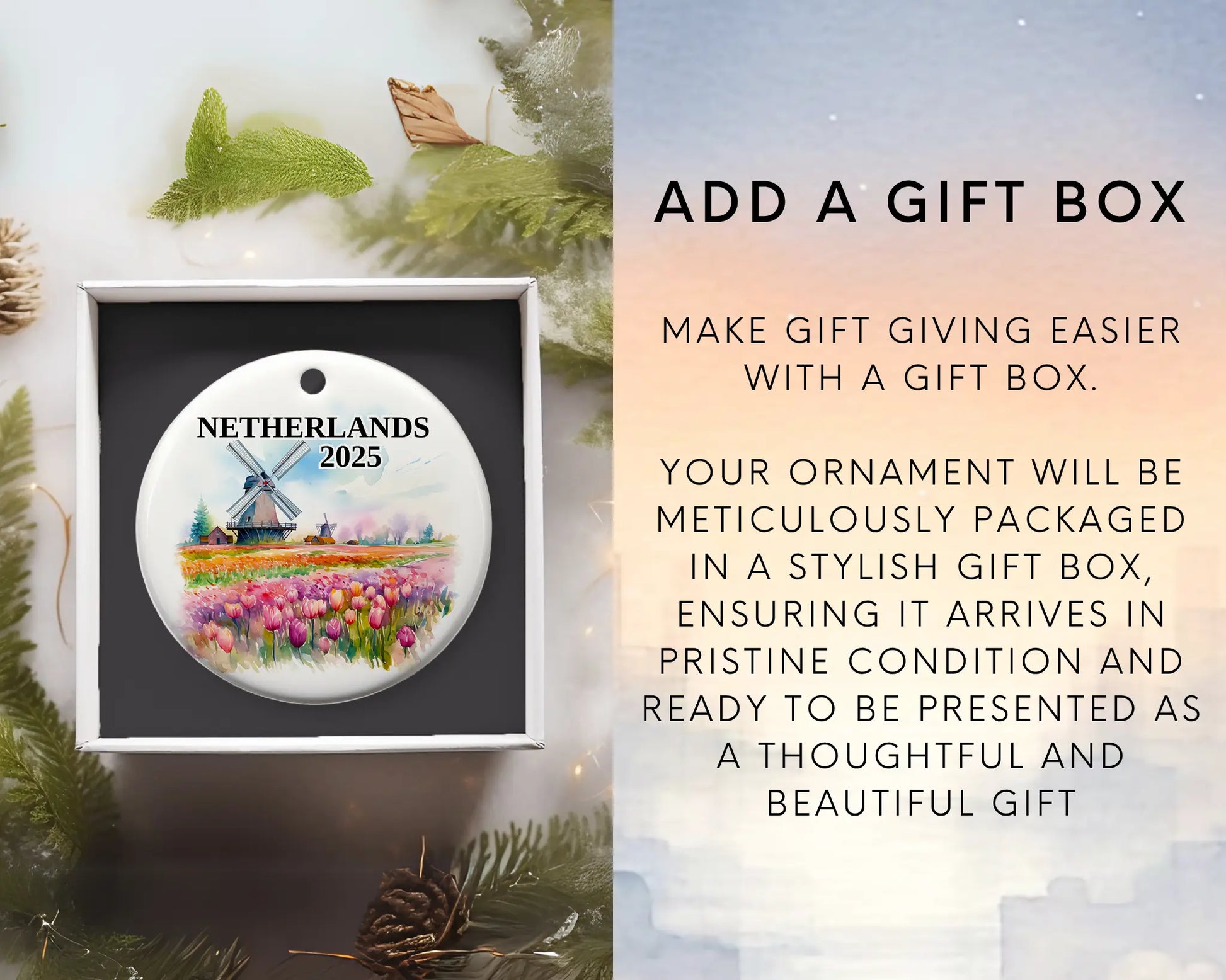 Custom Netherlands ceramic photo ornament with personalized message – handmade Christmas bauble, gift souvenir, or vacation keepsake.  Add gift box