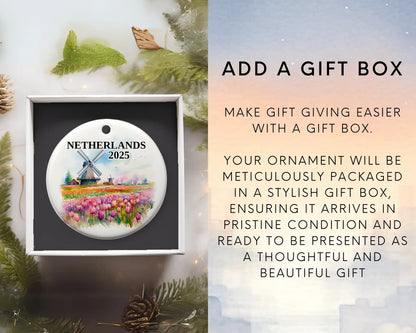 Custom Netherlands ceramic photo ornament with personalized message – handmade Christmas bauble, gift souvenir, or vacation keepsake.  Add gift box