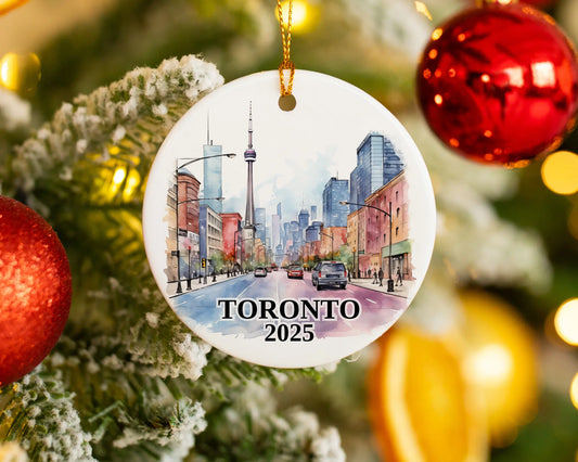 Custom Toronto Canada ceramic photo ornament with personalized message – handmade Christmas bauble, gift souvenir, or vacation keepsake. 