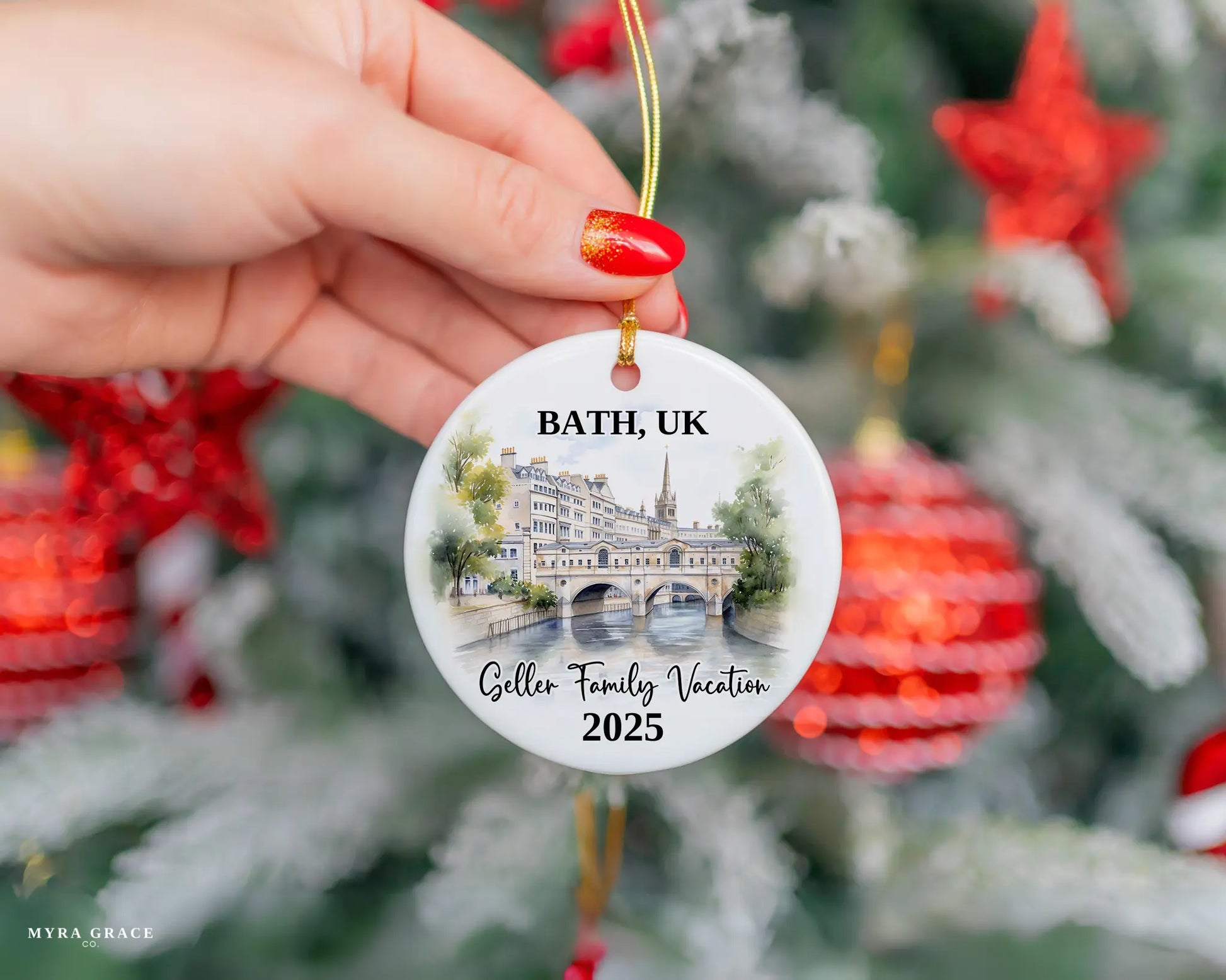 Custom vacation Bath UK ceramic photo ornament with personalized message – handmade Christmas bauble, gift souvenir, or vacation keepsake. 