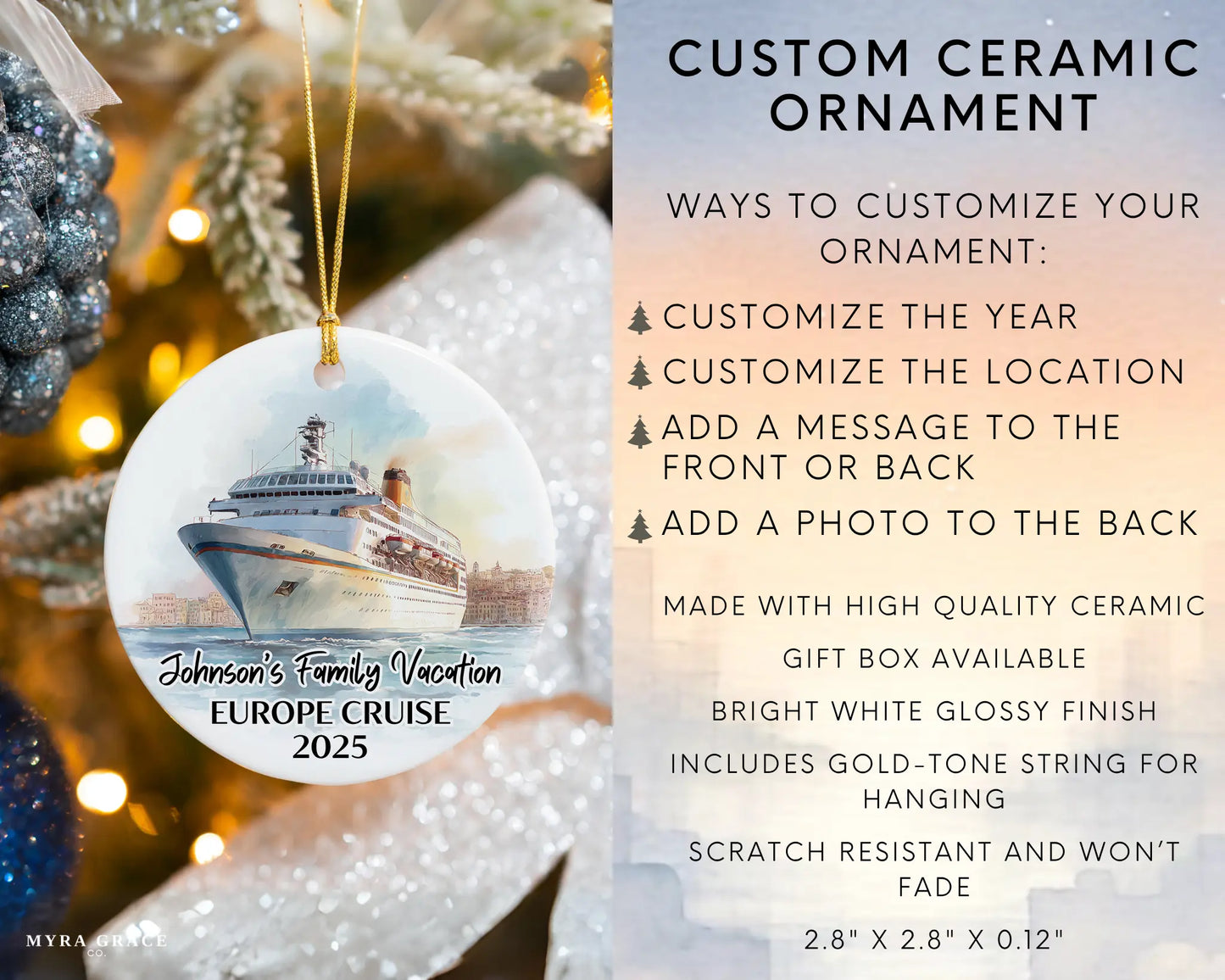 Handmade ceramic European cruise ornament with personalized location and photo – custom Christmas bauble or cruise vacation souvenir. Infographic