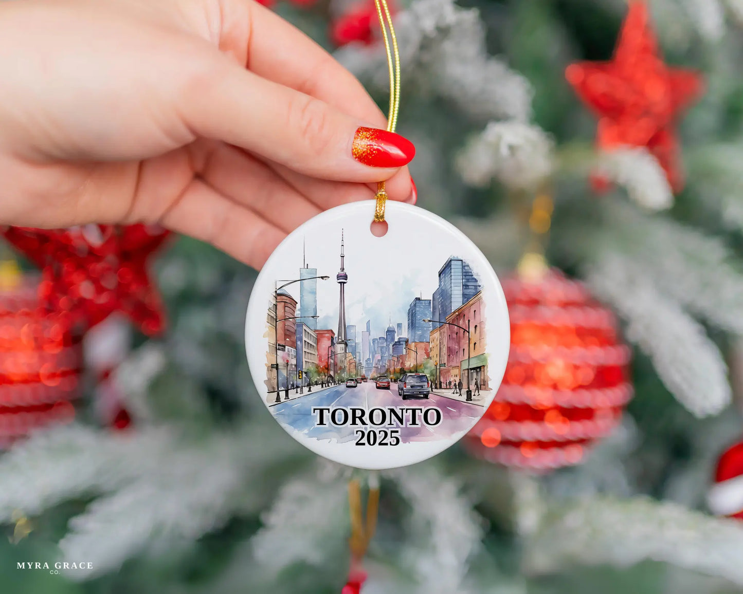 Custom Toronto Canada ceramic photo ornament with personalized message – handmade Christmas bauble, gift souvenir, or vacation keepsake. 