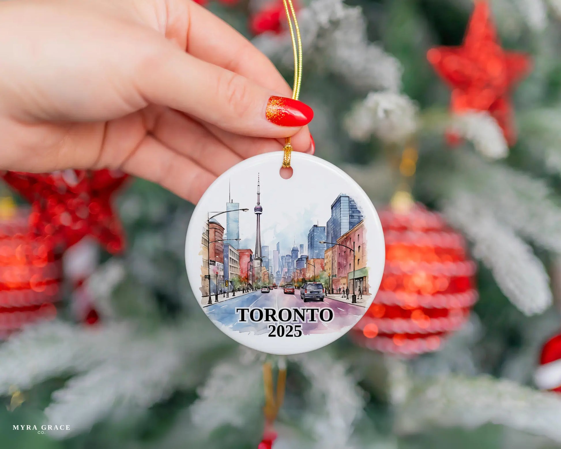 Custom Toronto Canada ceramic photo ornament with personalized message – handmade Christmas bauble, gift souvenir, or vacation keepsake. 