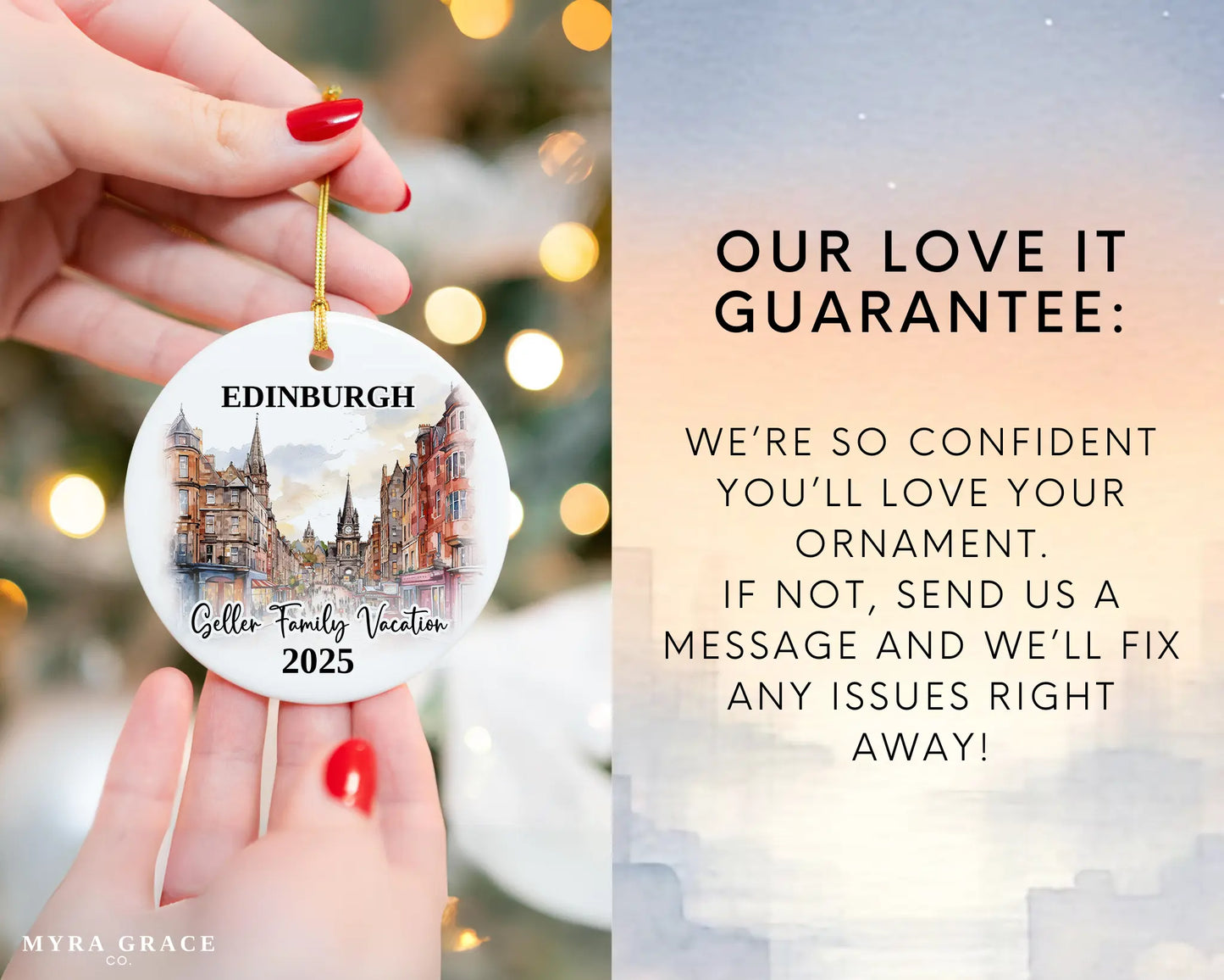 Custom vacation Edinburgh Scotland ceramic photo ornament with personalized message – handmade Christmas bauble, gift souvenir, or vacation keepsake. Love it guarantee
