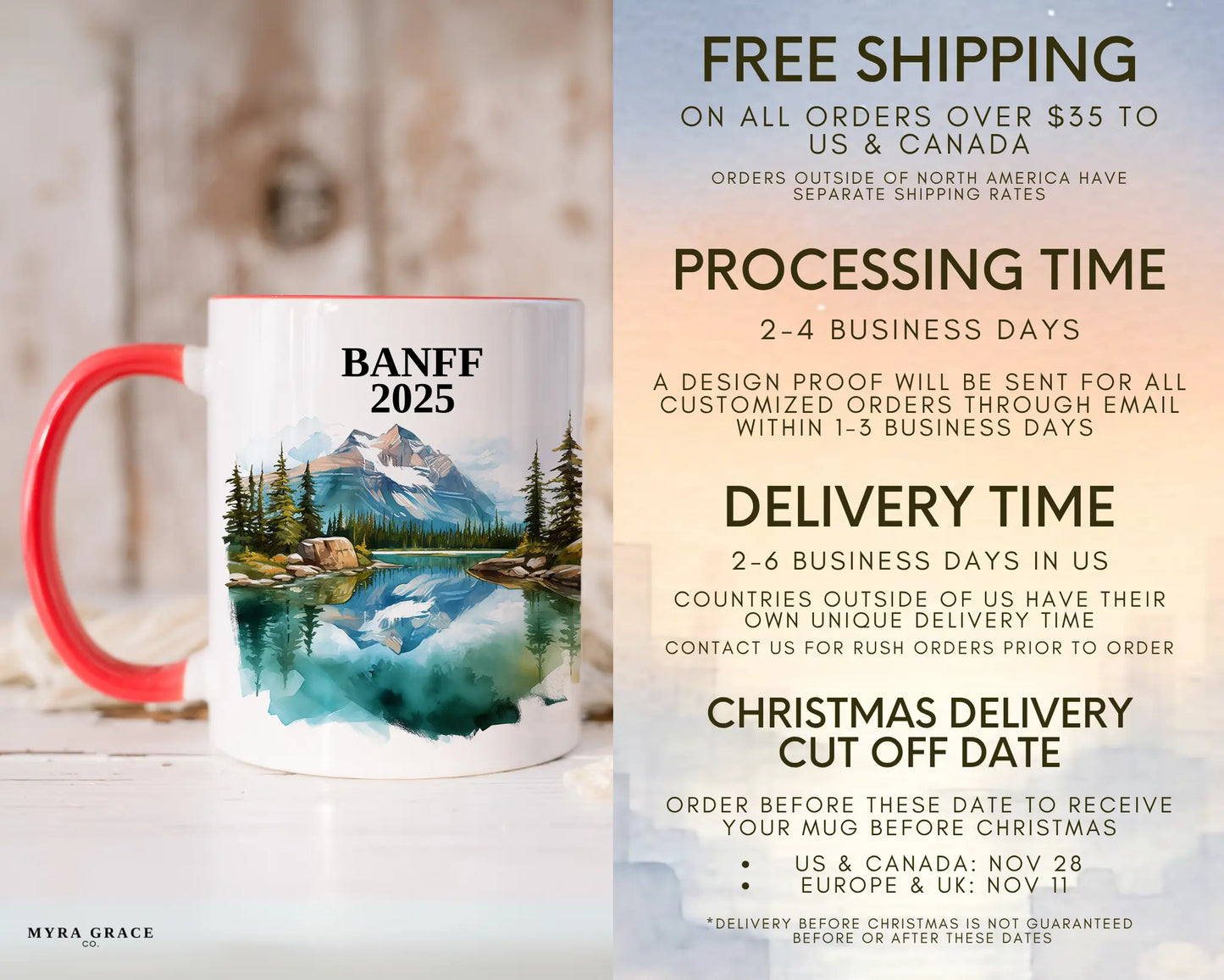 Custom ceramic Banff vacation mug with watercolor location design, date, and personal photo – personalized travel gift or photo mug. Free shipping