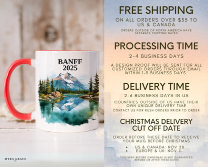 Custom ceramic Banff vacation mug with watercolor location design, date, and personal photo – personalized travel gift or photo mug. Free shipping