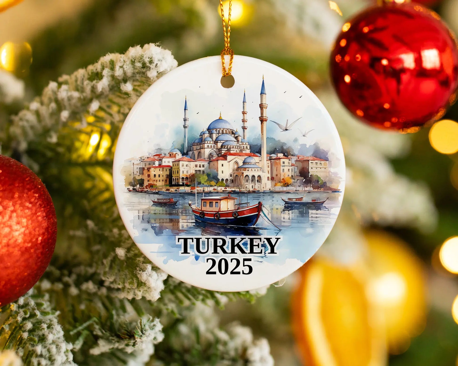 Custom Turkey ceramic photo ornament with personalized message – handmade Christmas bauble, gift souvenir, or vacation keepsake. 