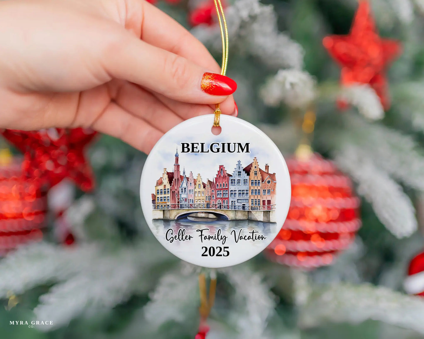 Custom vacation Belgium ceramic photo ornament with personalized message – handmade Christmas bauble, gift souvenir, or vacation keepsake. 