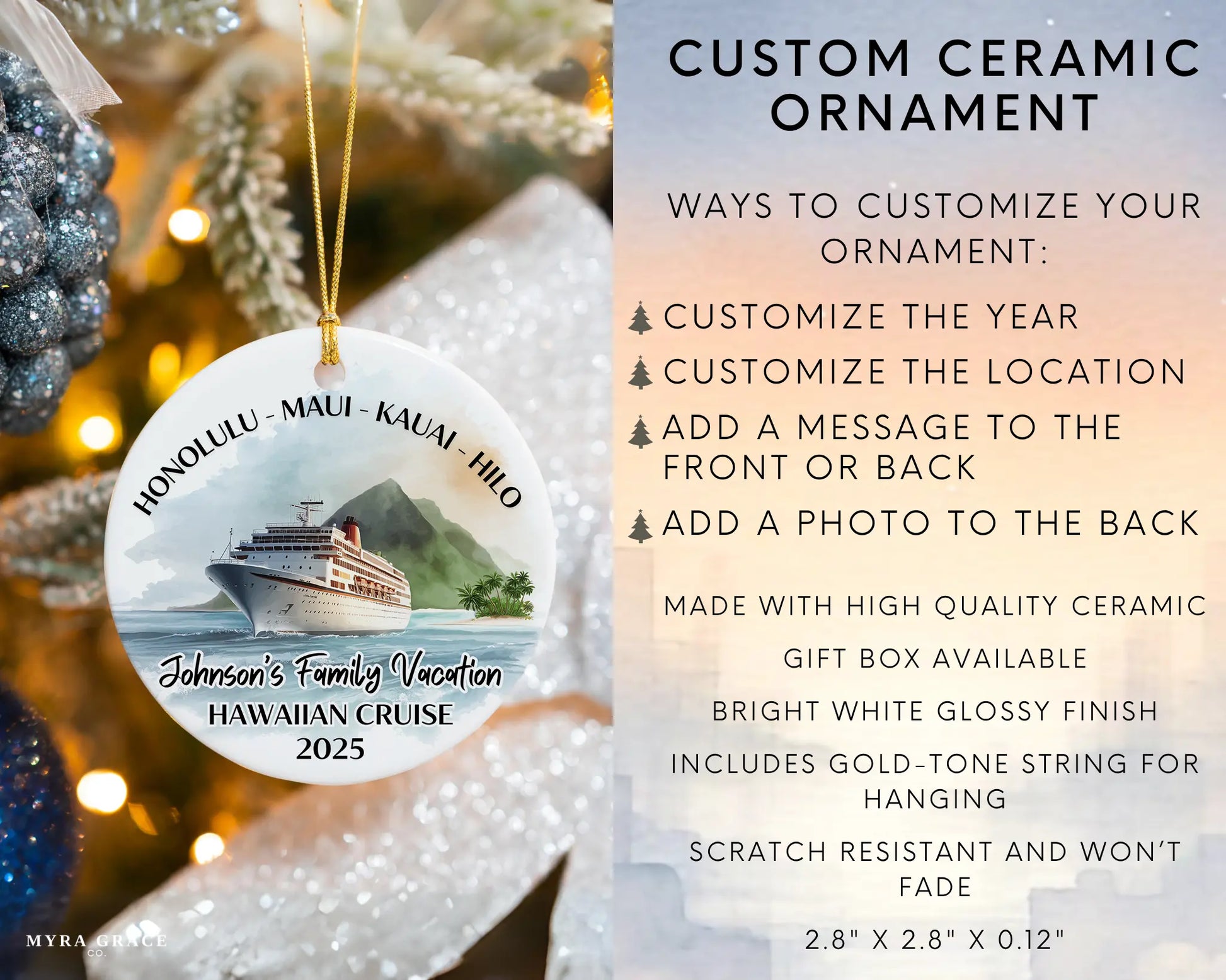Handmade ceramic Hawaii cruise ornament with personalized location and photo – custom Christmas bauble or cruise vacation souvenir. Infographic