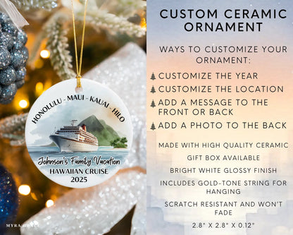 Handmade ceramic Hawaii cruise ornament with personalized location and photo – custom Christmas bauble or cruise vacation souvenir. Infographic
