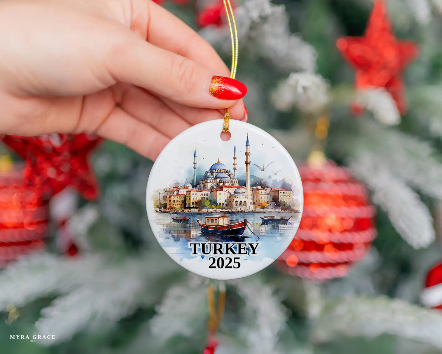 Custom Turkey ceramic photo ornament with personalized message – handmade Christmas bauble, gift souvenir, or vacation keepsake. 