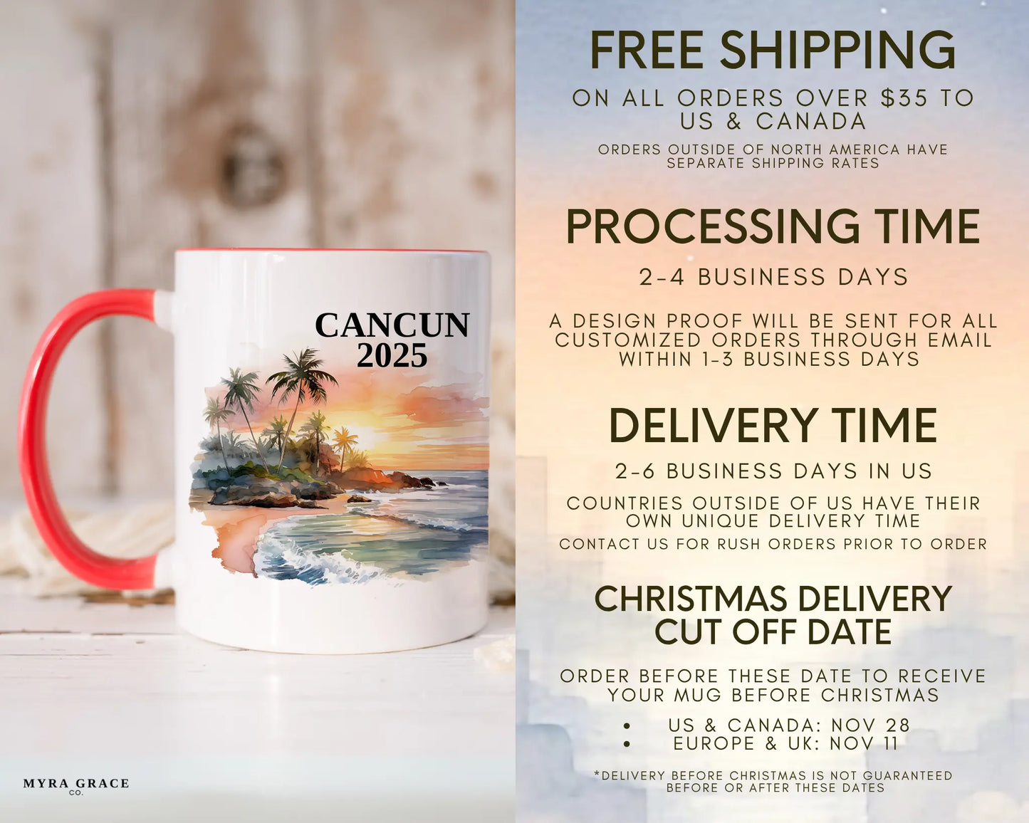 Custom ceramic Cancun Mexico vacation mug with watercolor location design, date, and personal photo – personalized travel gift or photo mug. Free shipping