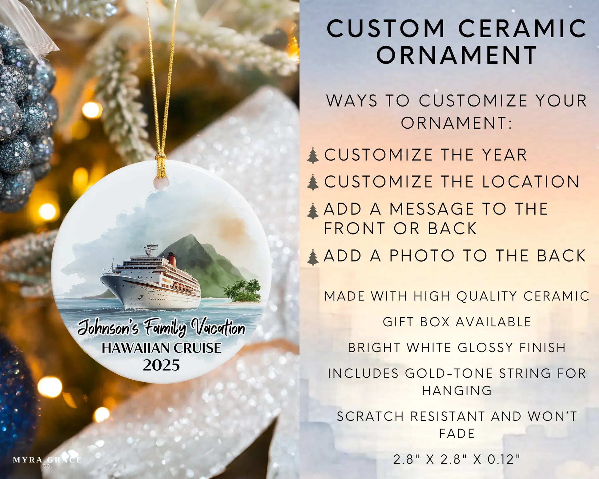 Handmade ceramic Hawaii cruise ornament with personalized location and photo – custom Christmas bauble or cruise vacation souvenir. Infographic