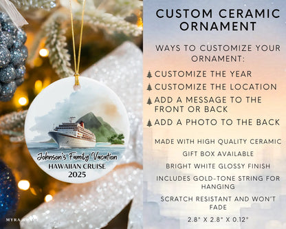Handmade ceramic Hawaii cruise ornament with personalized location and photo – custom Christmas bauble or cruise vacation souvenir. Infographic
