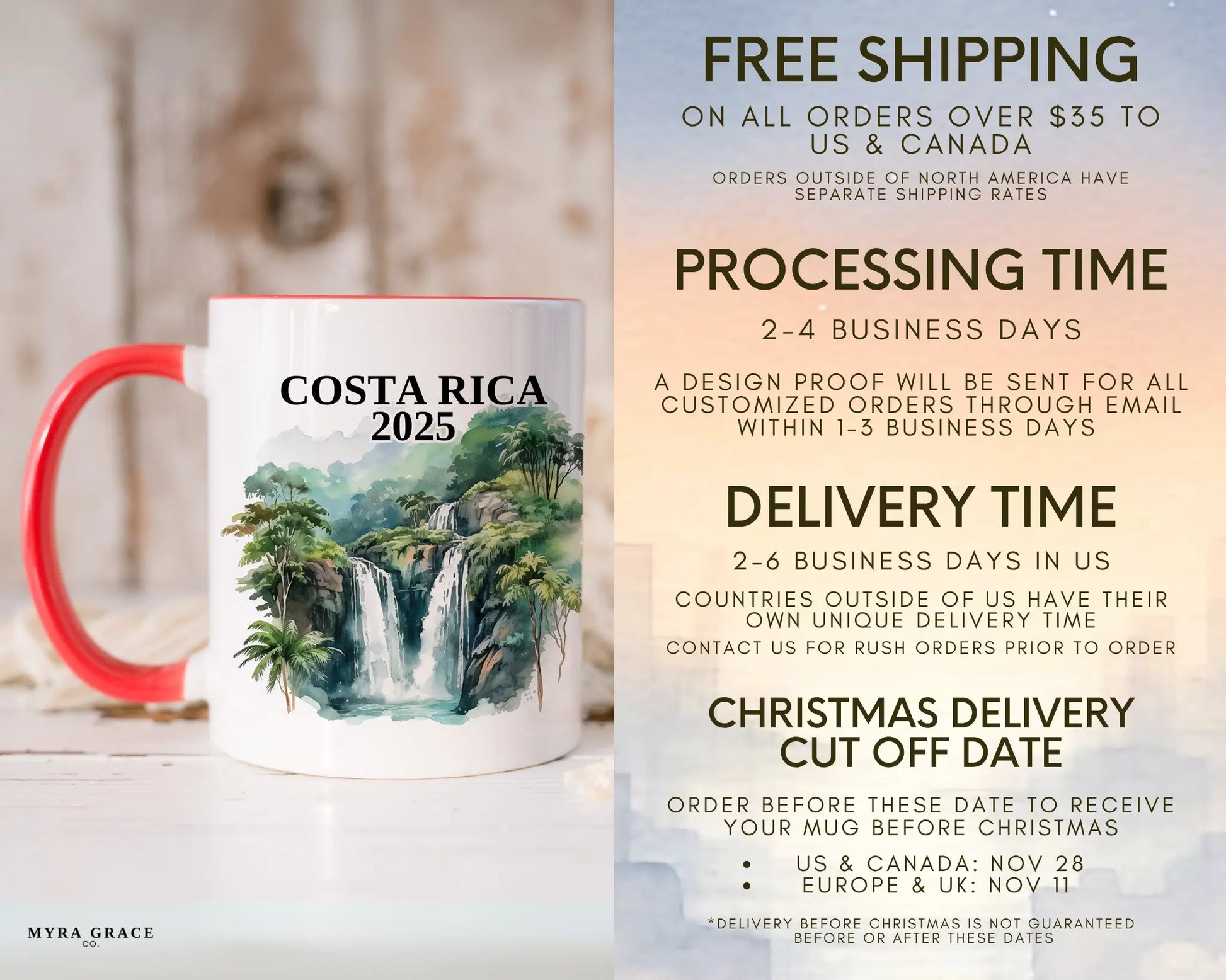 Custom ceramic Costa Rica vacation mug with watercolor location design, date, and personal photo – personalized travel gift or photo mug. Free shipping