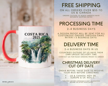 Custom ceramic Costa Rica vacation mug with watercolor location design, date, and personal photo – personalized travel gift or photo mug. Free shipping