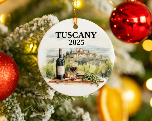 Custom Tuscany Italy Vineyard ceramic photo ornament with personalized message – handmade Christmas bauble, gift souvenir, or vacation keepsake. 