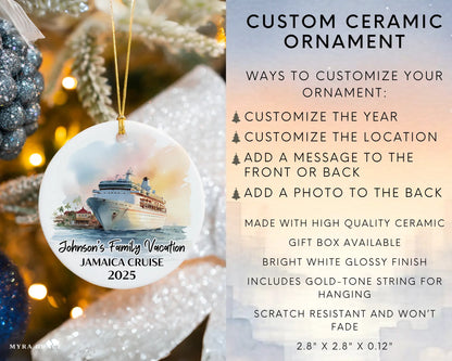 Handmade ceramic Jamaica cruise ornament with personalized location and photo – custom Christmas bauble or cruise vacation souvenir. Infographic