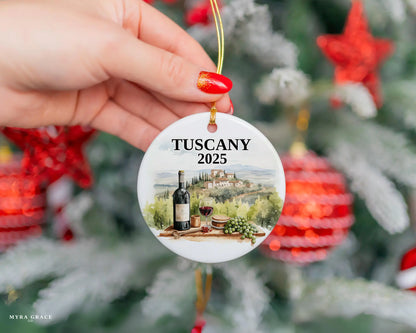 Custom Tuscany Italy Vineyard ceramic photo ornament with personalized message – handmade Christmas bauble, gift souvenir, or vacation keepsake. 