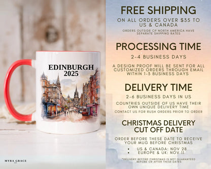 Custom ceramic Edinburgh Scotland vacation mug with watercolor location design, date, and personal photo – personalized travel gift or photo mug. Free shipping