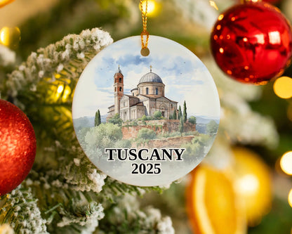 Custom Tuscany Italy ceramic photo ornament with personalized message – handmade Christmas bauble, gift souvenir, or vacation keepsake. 
