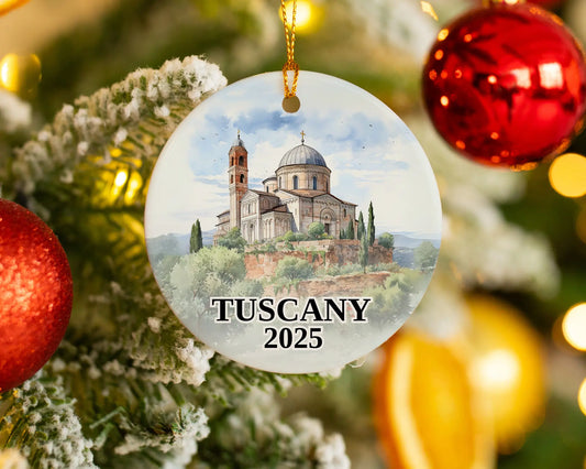 Custom Tuscany Italy ceramic photo ornament with personalized message – handmade Christmas bauble, gift souvenir, or vacation keepsake. 