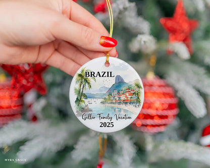 Custom vacation Brazil ceramic photo ornament with personalized message – handmade Christmas bauble, gift souvenir, or vacation keepsake. 