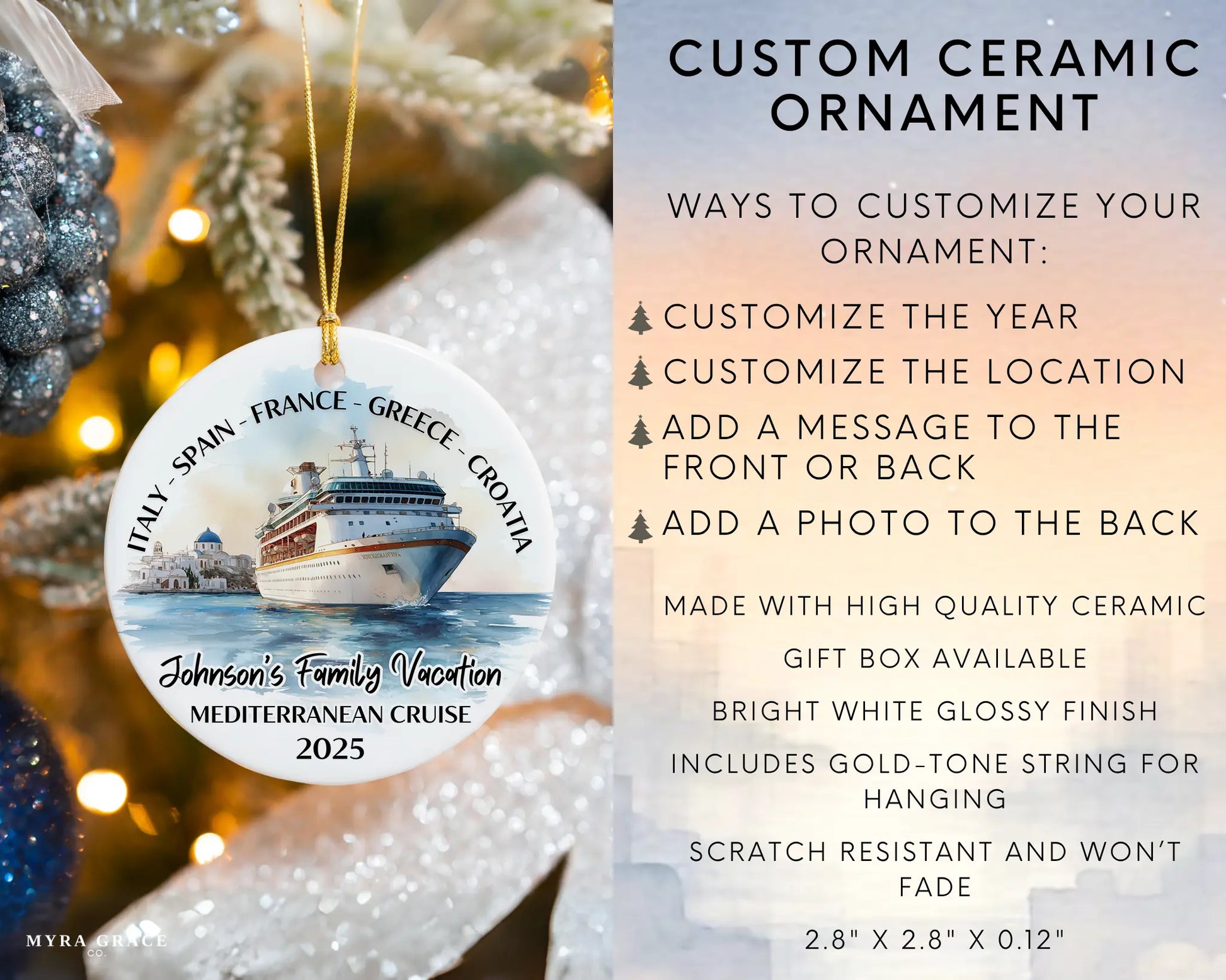 Handmade ceramic Mediterranean cruise ornament with personalized location and photo – custom Christmas bauble or cruise vacation souvenir. Infographic