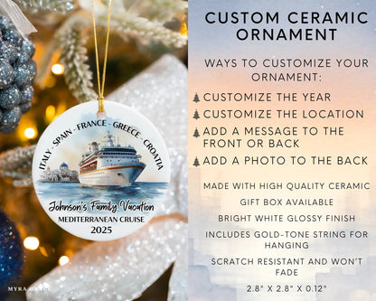 Handmade ceramic Mediterranean cruise ornament with personalized location and photo – custom Christmas bauble or cruise vacation souvenir. Infographic