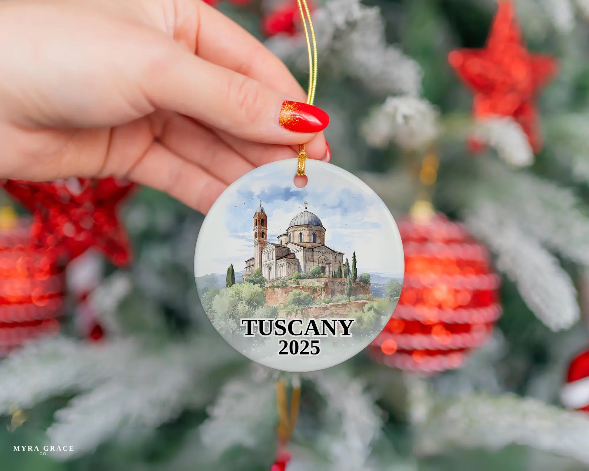 Custom Tuscany Italy ceramic photo ornament with personalized message – handmade Christmas bauble, gift souvenir, or vacation keepsake. 