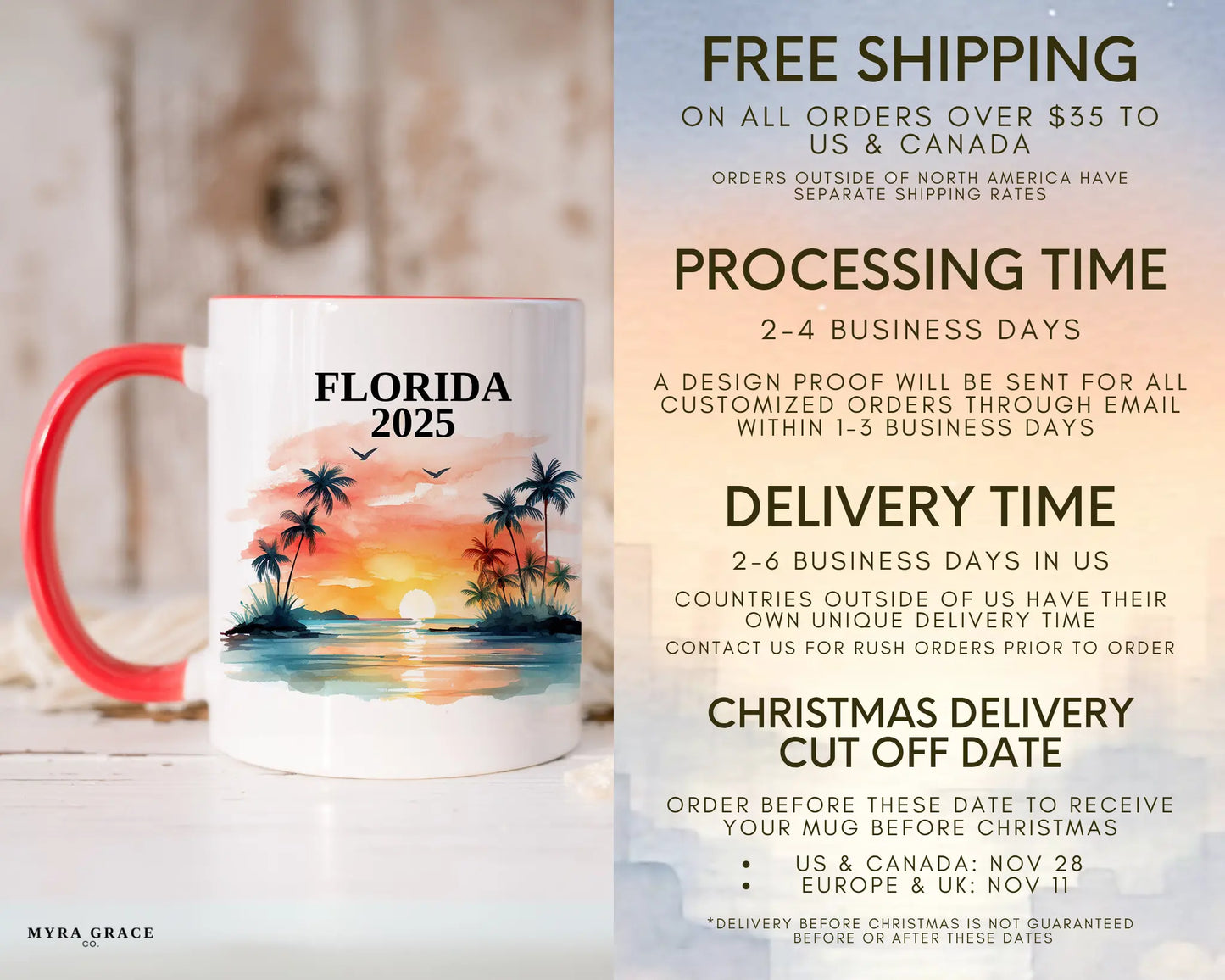 Custom ceramic Florida vacation mug with watercolor location design, date, and personal photo – personalized travel gift or photo mug. Free shipping