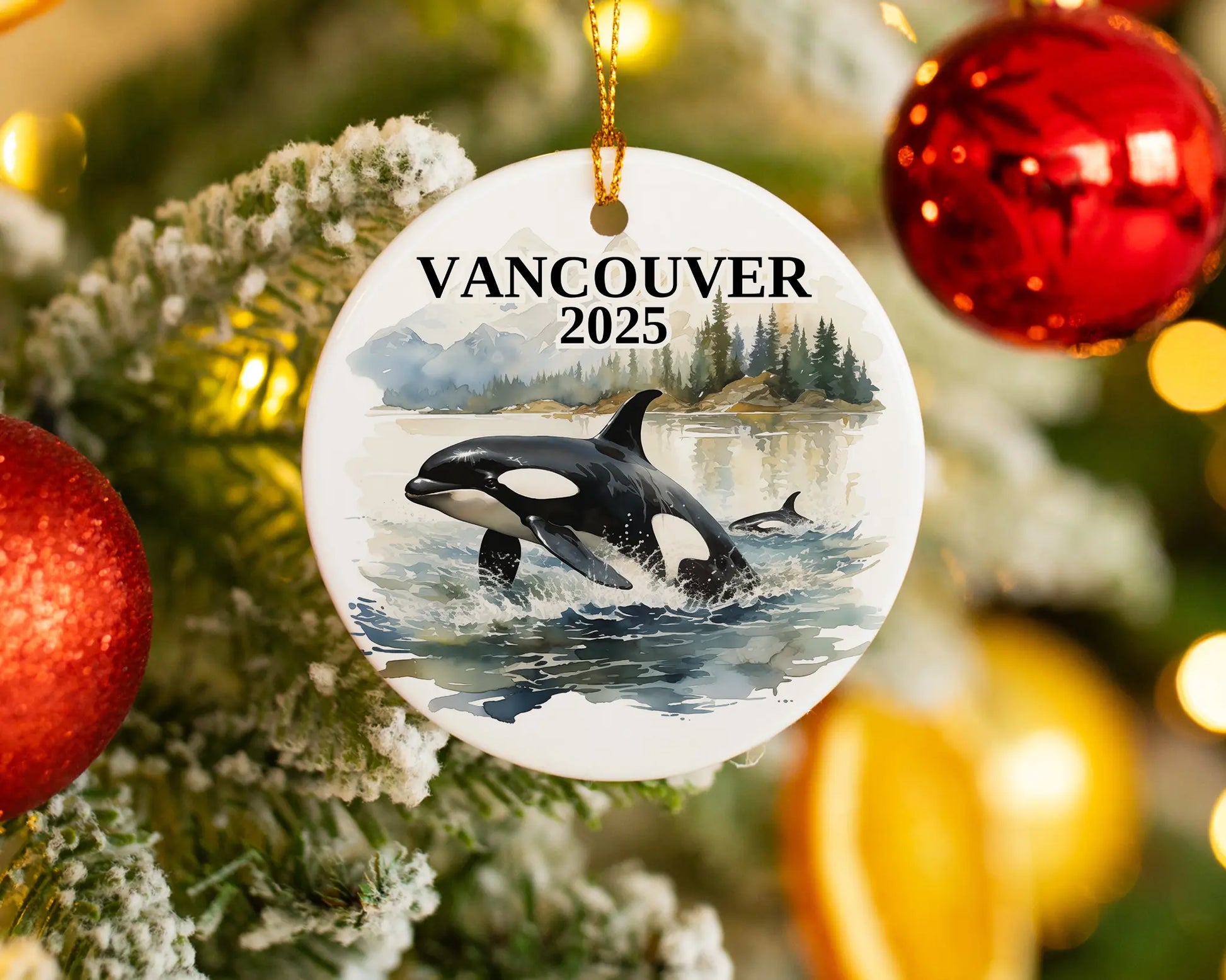 Custom Vancouver Canada Orca ceramic photo ornament with personalized message – handmade Christmas bauble, gift souvenir, or vacation keepsake. 