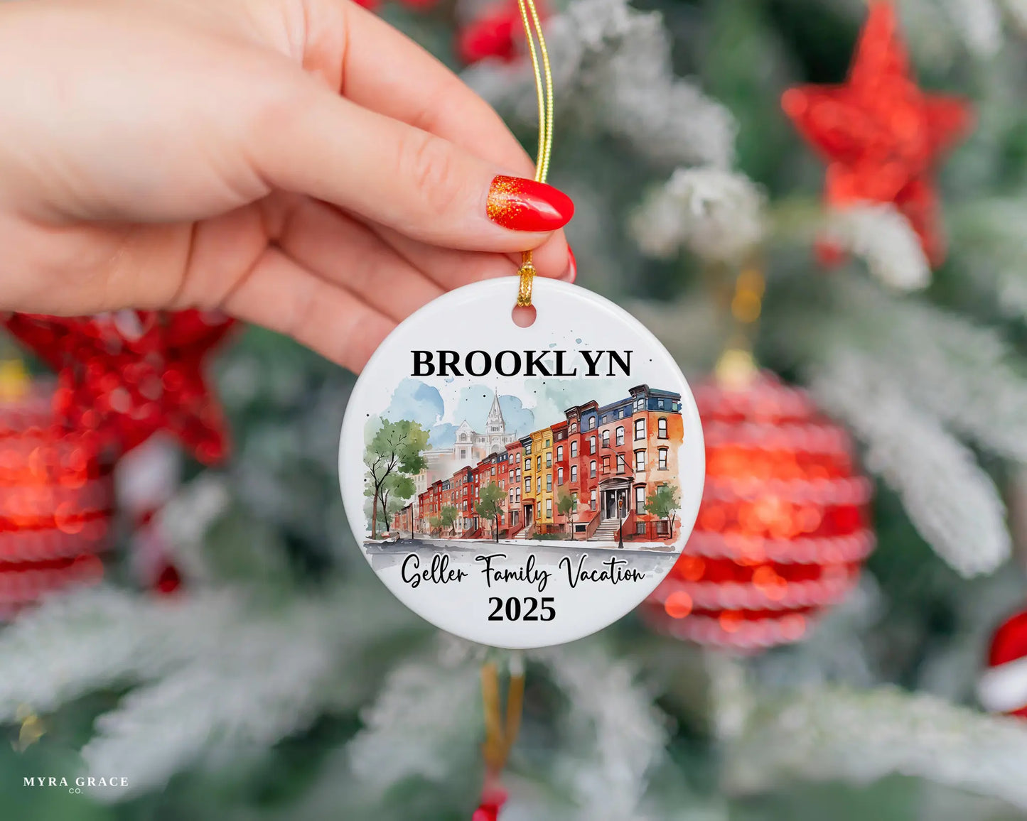 Custom vacation Brooklyn New York ceramic photo ornament with personalized message – handmade Christmas bauble, gift souvenir, or vacation keepsake. 