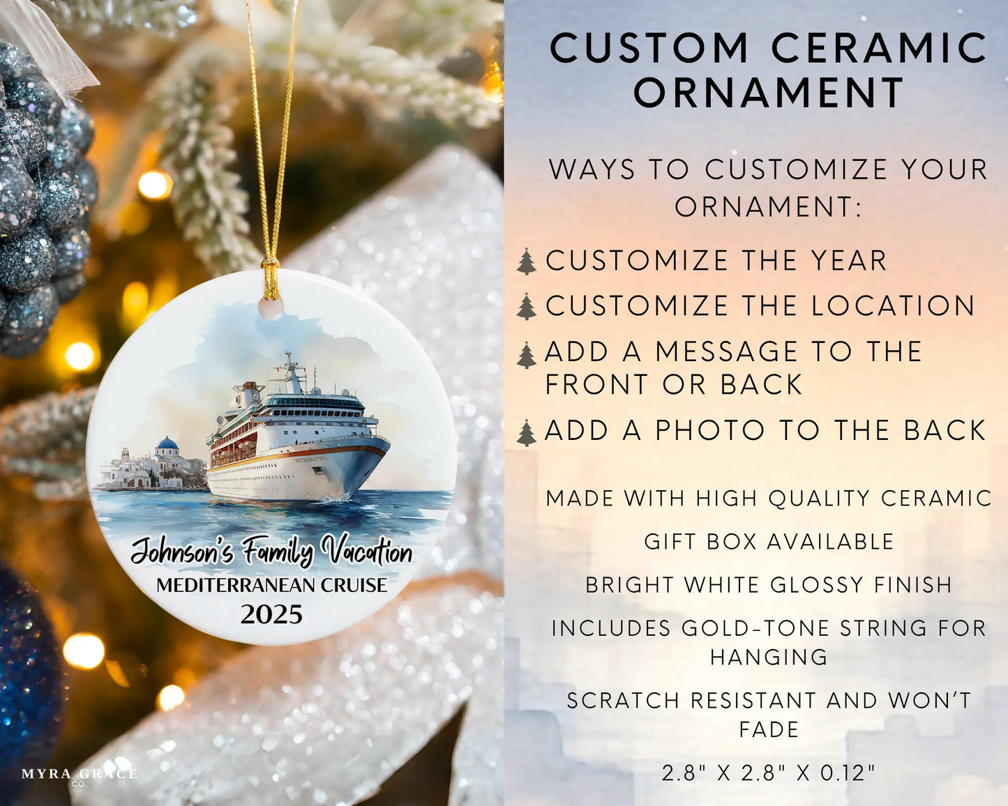 Handmade ceramic Mediterranean cruise ornament with personalized location and photo – custom Christmas bauble or cruise vacation souvenir. Infographic