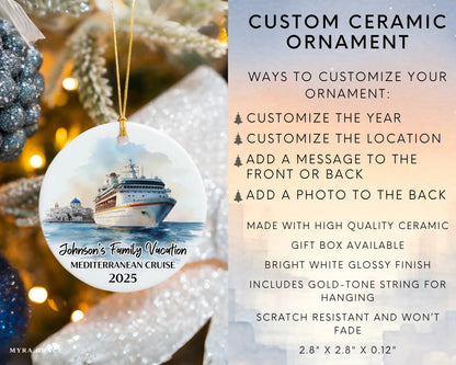 Handmade ceramic Mediterranean cruise ornament with personalized location and photo – custom Christmas bauble or cruise vacation souvenir. Infographic