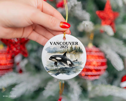 Custom Vancouver Canada Orca ceramic photo ornament with personalized message – handmade Christmas bauble, gift souvenir, or vacation keepsake. 