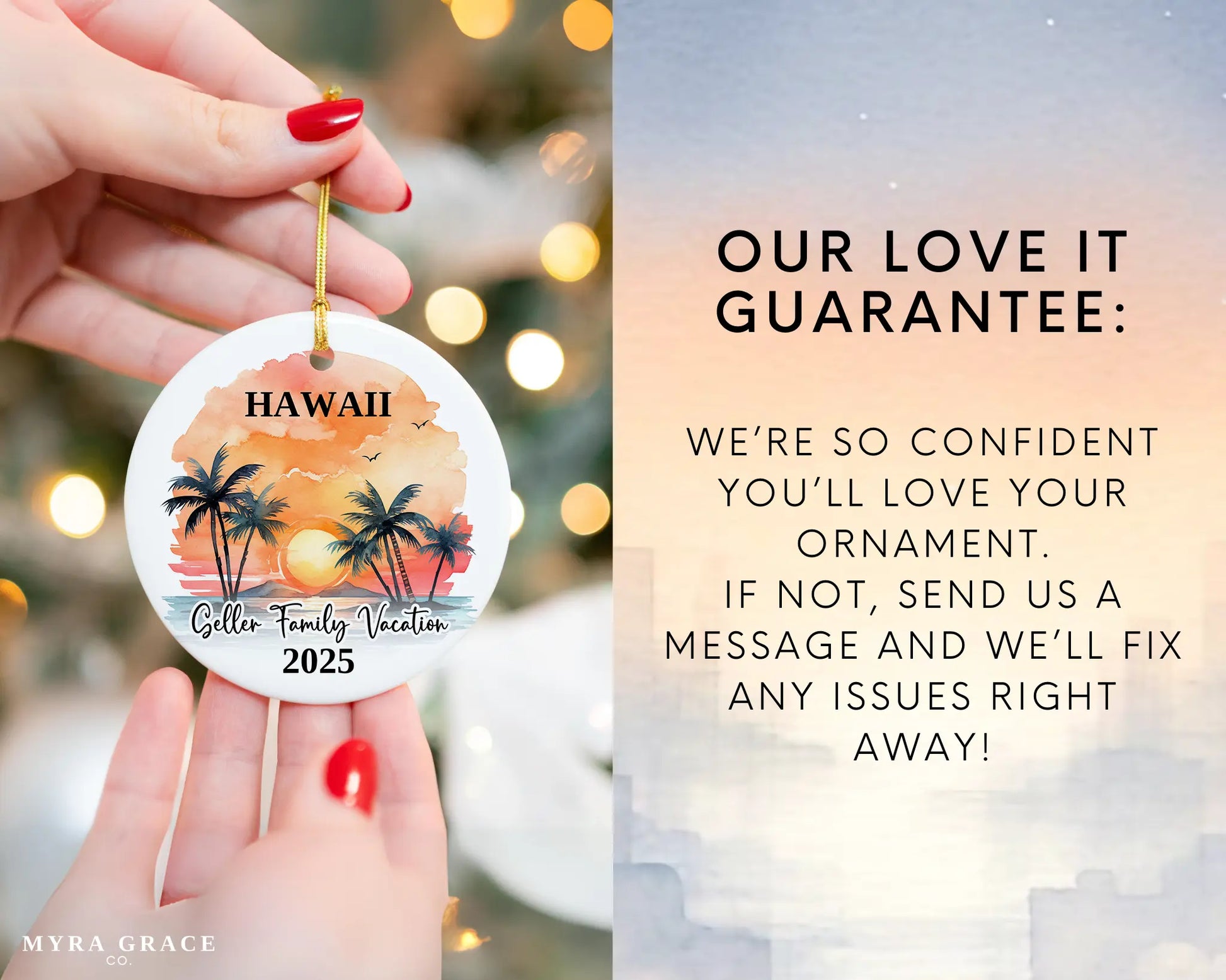 Custom vacation Hawaii ceramic photo ornament with personalized message – handmade Christmas bauble, gift souvenir, or vacation keepsake. Love it guarantee
