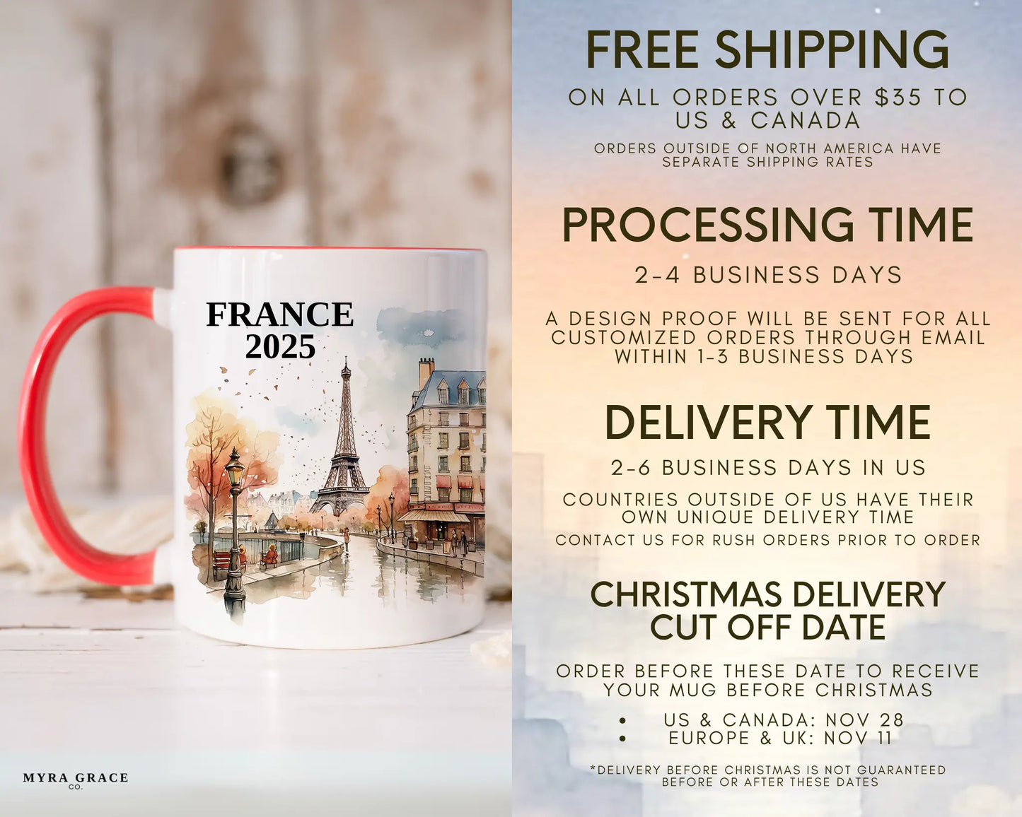 Custom ceramic France vacation mug with watercolor location design, date, and personal photo – personalized travel gift or photo mug. Free shipping