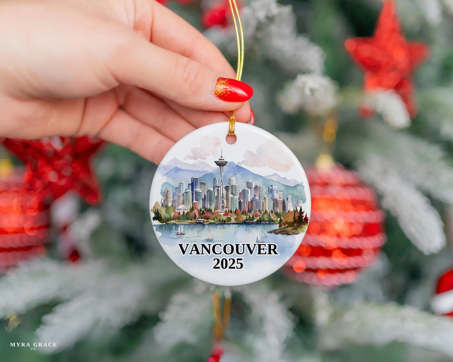 Custom Vancouver ceramic photo ornament with personalized message – handmade Christmas bauble, gift souvenir, or vacation keepsake. 