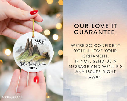 Custom vacation Isle of Skye Scotland ceramic photo ornament with personalized message – handmade Christmas bauble, gift souvenir, or vacation keepsake. Love it guarantee