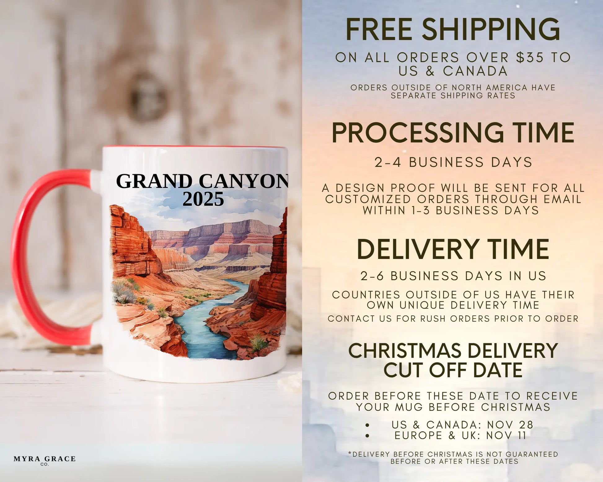 Custom ceramic Grand Canyon vacation mug with watercolor location design, date, and personal photo – personalized travel gift or photo mug. Free shipping