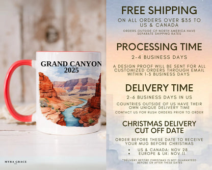 Custom ceramic Grand Canyon vacation mug with watercolor location design, date, and personal photo – personalized travel gift or photo mug. Free shipping