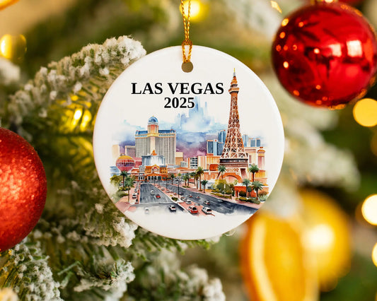 Custom Las Vegas Nevada ceramic photo ornament with personalized message – handmade Christmas bauble, gift souvenir, or vacation keepsake.  