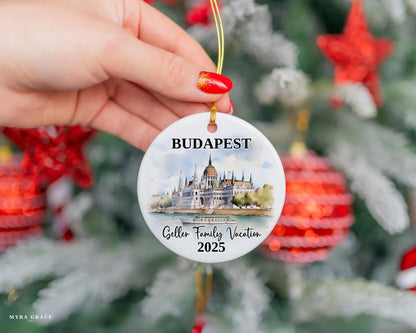 Custom vacation Budapest Hungary ceramic photo ornament with personalized message – handmade Christmas bauble, gift souvenir, or vacation keepsake. 